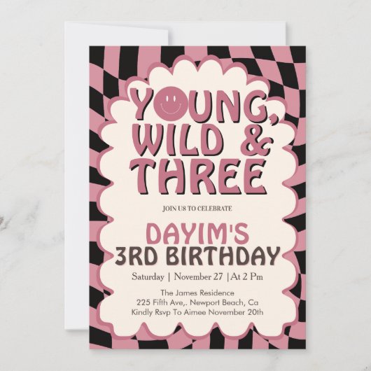 Young Wild & Three Pink Retro Girl 3rd Birthday 招待状 (正面)
