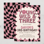 Young Wild & Three Pink Retro Girl 3rd Birthday 招待状 (正面/裏面)
