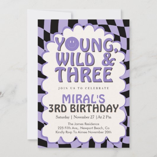 Young Wild & Three Purple Retro Girl 3rd Birthday 招待状 (正面)