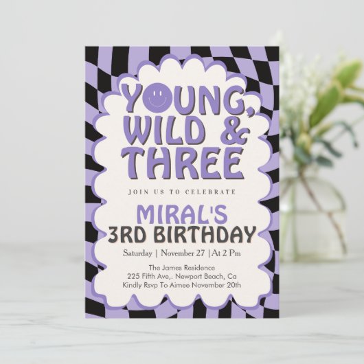Young Wild & Three Purple Retro Girl 3rd Birthday 招待状 (スタンド正面)