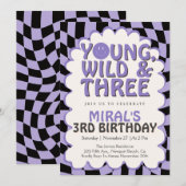 Young Wild & Three Purple Retro Girl 3rd Birthday 招待状 (正面/裏面)
