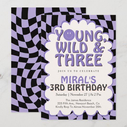 Young Wild & Three Purple Retro Girl 3rd Birthday 招待状 (正面/裏面)