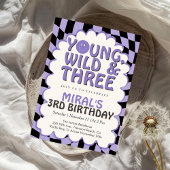 Young Wild & Three Purple Retro Girl 3rd Birthday 招待状