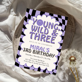 Young Wild & Three Purple Retro Girl 3rd Birthday 招待状