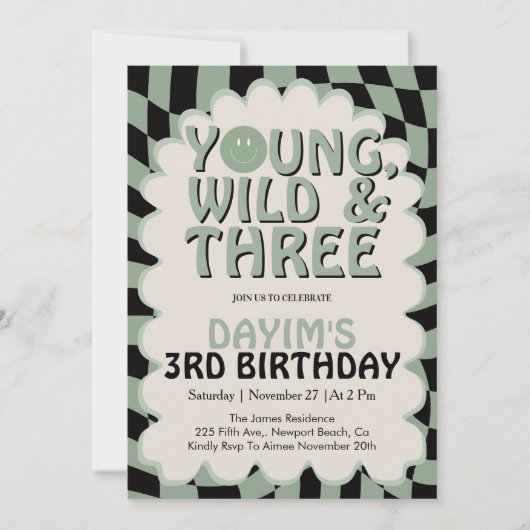 Young Wild & Three Retro 3rd Birthday Party 招待状 (正面)