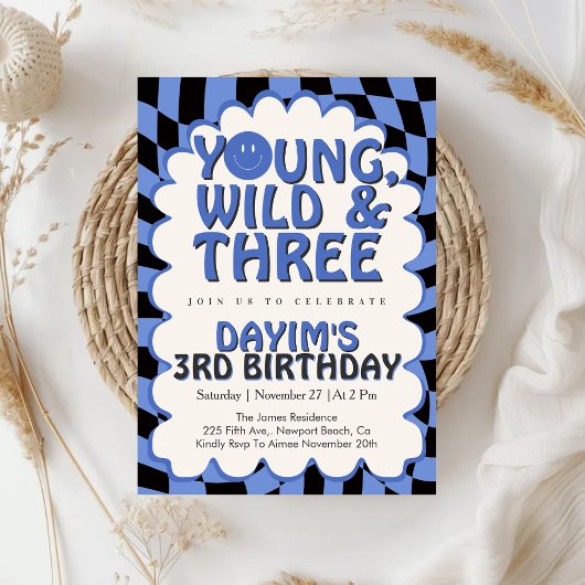 Young Wild & Three Retro Blue Boy 3rd Birthday 招待状