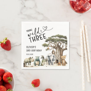 Young Wild Three Safariの第3誕生日ウェルカムサイン スタンダードカクテルナプキン