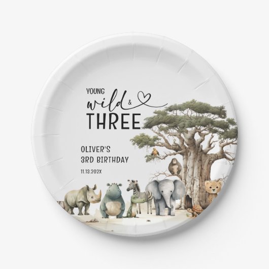 Young Wild Three Safariの第3誕生日ウェルカムサイン ペーパープレート (正面)