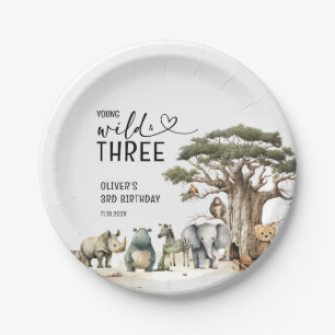 Young Wild Three Safariの第3誕生日ウェルカムサイン ペーパープレート