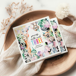 Young Wild & Three Safari Animals 3歳の誕生日 スタンダードカクテルナプキン