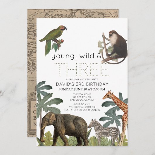 Young Wild & Three Safari Animals 3歳の誕生日 招待状 (正面/裏面)