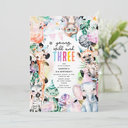 Young Wild & Three Safari Animals 3歳の誕生日 招待状 (スタンド正面)
