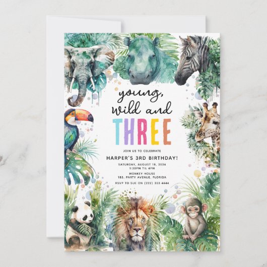 Young Wild & Three Safari Animals 3rd Birthday 招待状 (正面)