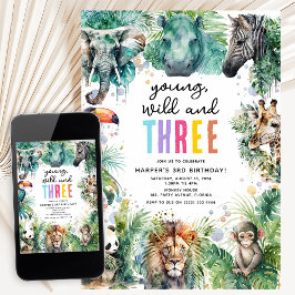 Young Wild & Three Safari Animals 3rd Birthday 招待状