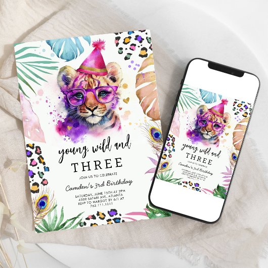 Young Wild & Three Safari Animals Birthday 招待状