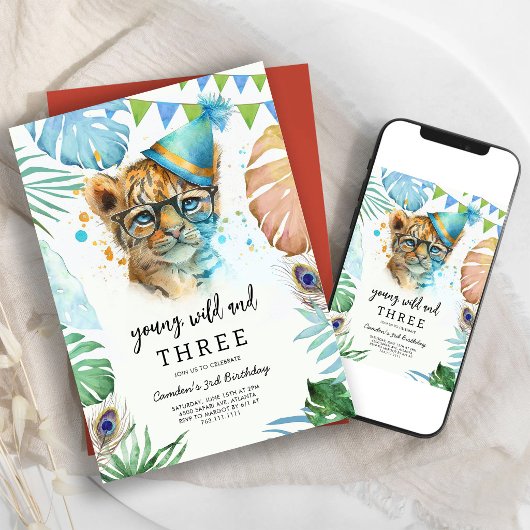 Young Wild & Three Safari Animals Birthday 招待状