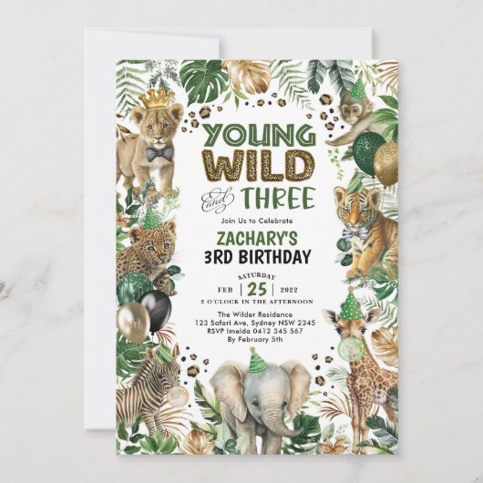 Young Wild & Three Safari Animals Boy 3歳の誕生日 招待状 (正面)