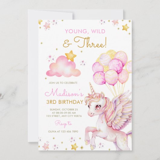 Young Wild & Three Unicorn 3歳の誕生日 招待状 (正面)