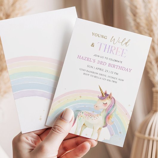 Young Wild & Three Unicorn Rainbow 3rd Birthday 招待状