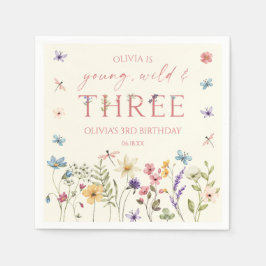 Young Wild & Three Wildflower 3歳の誕生日パーティー スタンダードカクテルナプキン