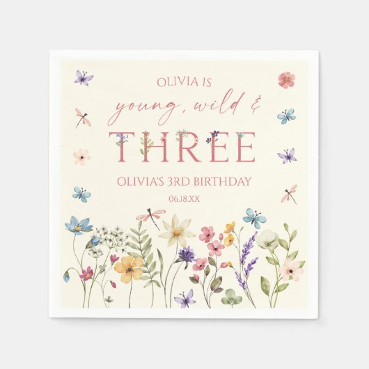 Young Wild & Three Wildflower 3歳の誕生日パーティー スタンダードカクテルナプキン (正面)