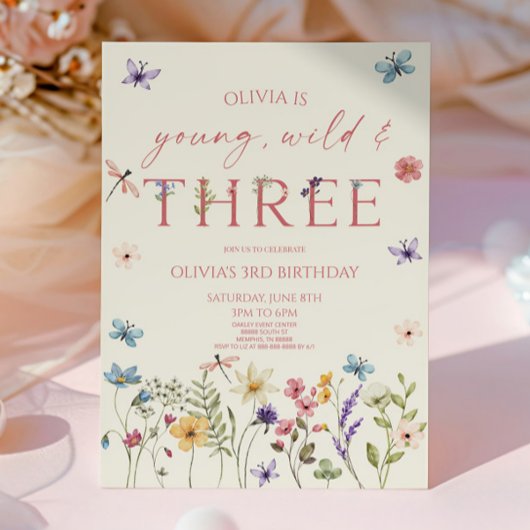 Young Wild & Three Wildflower 3歳の誕生日パーティー 招待状
