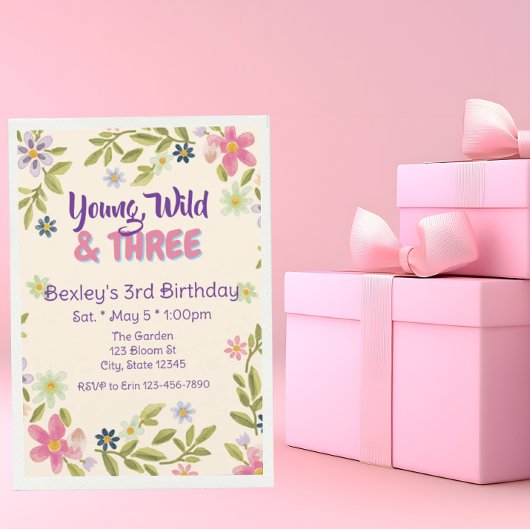 Young, Wild, & Three Wildflower、3歳の誕生日 招待状