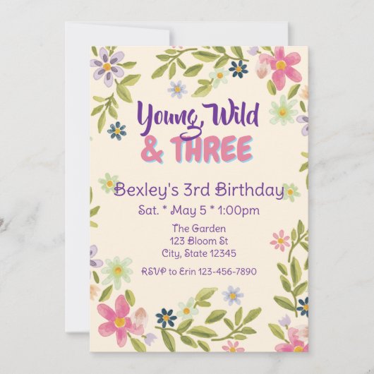 Young, Wild, & Three Wildflower, 3rd birthday  招待状 (正面)