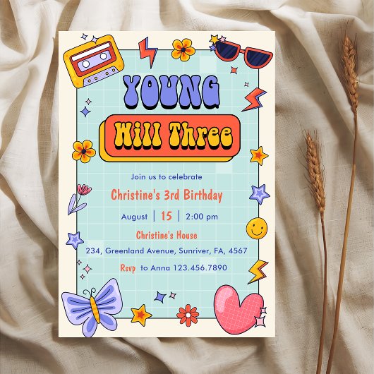 Young Will 3 Groovy Hippie 3番目の誕生日パーティー 招待状