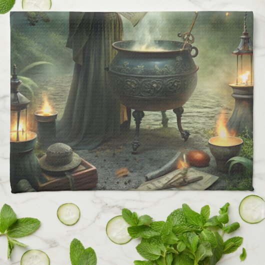 Young Witch in Mystical Forest Ritual キッチンタオル (折り畳み)