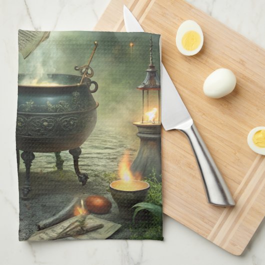 Young Witch in Mystical Forest Ritual キッチンタオル (四つ折り)