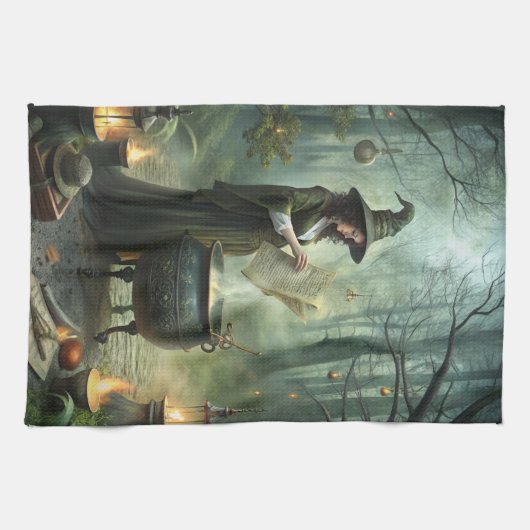 Young Witch in Mystical Forest Ritual キッチンタオル (横)