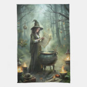 Young Witch in Mystical Forest Ritual キッチンタオル (縦)