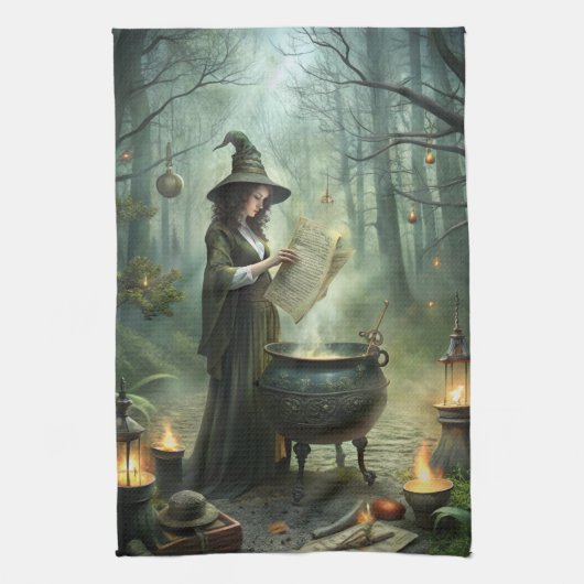 Young Witch in Mystical Forest Ritual キッチンタオル (縦)