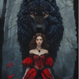 Young Woman In Red Gown With Black Wolf Guardian 薄葉紙