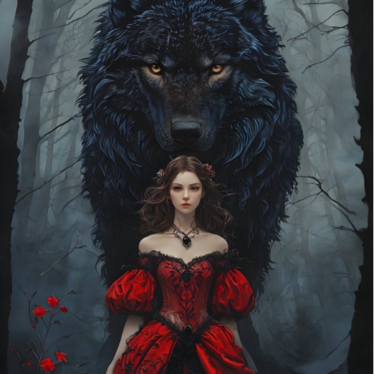 Young Woman In Red Gown With Black Wolf Guardian 薄葉紙