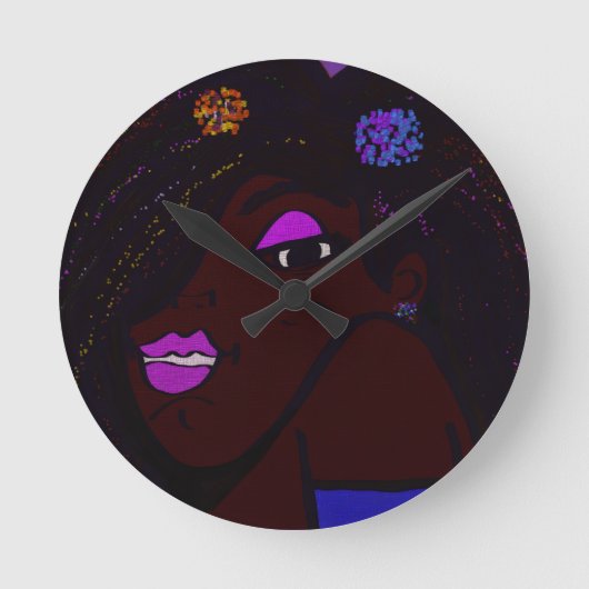 Young Woman of Color Animation ラウンド壁時計 (正面)