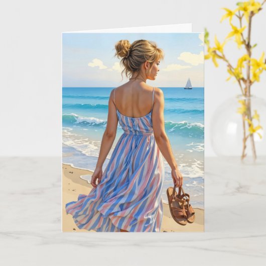 Young Woman On the Beach カード (黄色い花)