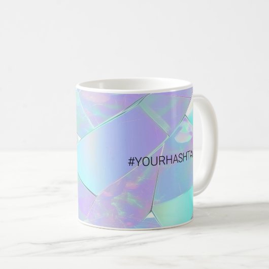 #Yourハッシュタグ、ティール(緑がかった色)&パープル虹色デザイン コーヒーマグカップ (正面右)