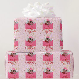 YOUR写真を追加するクリスマスレッドとピンク ラッピングペーパー
