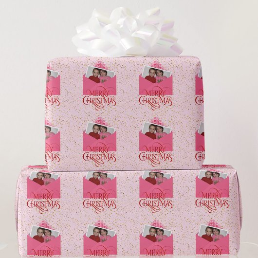 YOUR写真を追加するクリスマスレッドとピンク ラッピングペーパー