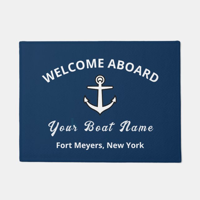 Your Boat Name Anchor Blue Welcome Aboard Doormat ドアマット (正面)