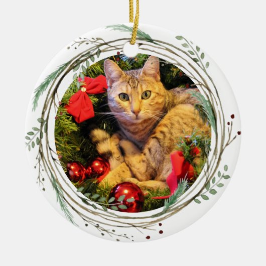 Your Cat Photo Waterカラーリース1stクリスマス セラミックオーナメント (正面)