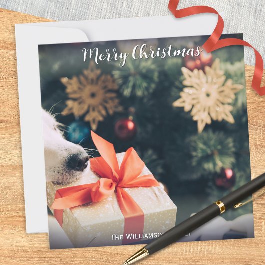 Your Dog Photo名前をカスタムするモダンメリークリスマス シーズンカード