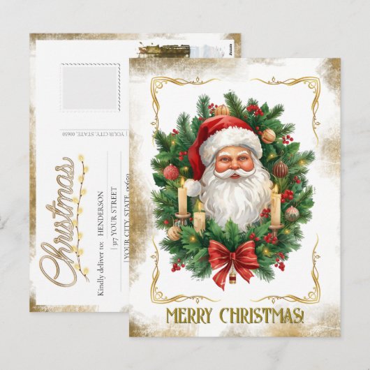 Your Family Photo Gold Vintage Santa Christmas  シーズンポストカード (正面/裏面)