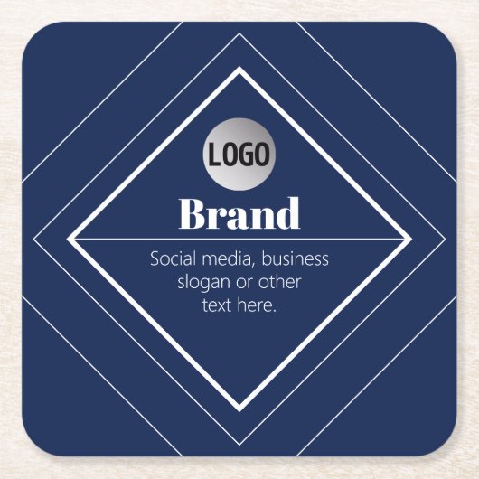 Your Logo & Customizable Modern Design | Navy Blue スクエアペーパーコースター (正面)