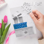 Your Logo Fun Grey Gifts Corporate Happy Birthday 箔招待状<br><div class="desc">Remind clients, employees and business partners that you're thinking of them with our original Custom Logo Watercolor Happy Birthday Card. Featuring an original watercolor painting of three greey and navy blue gift boxes with real gold foil elements and confetti sprinkling out of the top box, with Happy Birthday text. Replace...</div>
