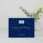 Your Logo Gold Stars Navy Blue Business Birthday 箔シーズンポストカード (立ち正面)