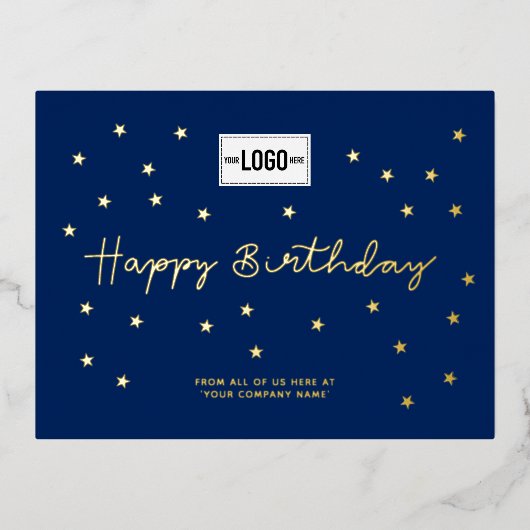 Your Logo Gold Stars Navy Blue Business Birthday 箔シーズンポストカード (正面)