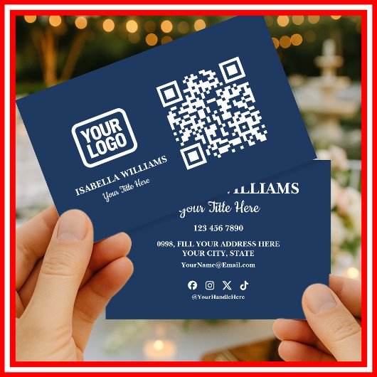 Your Logo Here シンプル モダン ネイビーブルー ウェブサイトQR 名刺